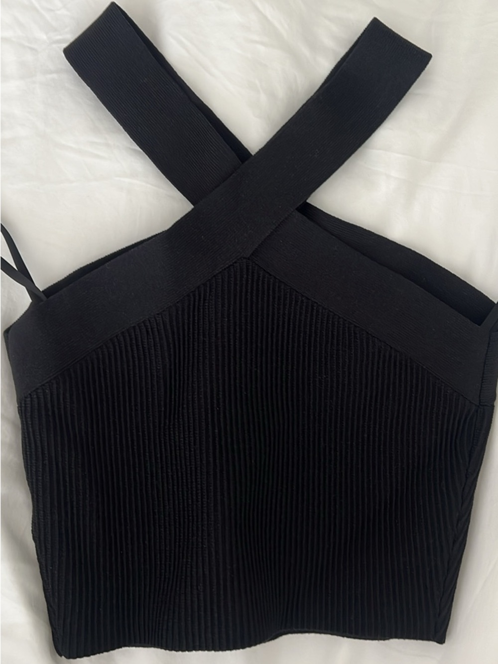 Aritzia Black Ribbed Cross-Strap Crop Top